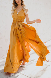 Ärmelloses Maxi-Wickelkleid mit Schlitz und V-Ausschnitt